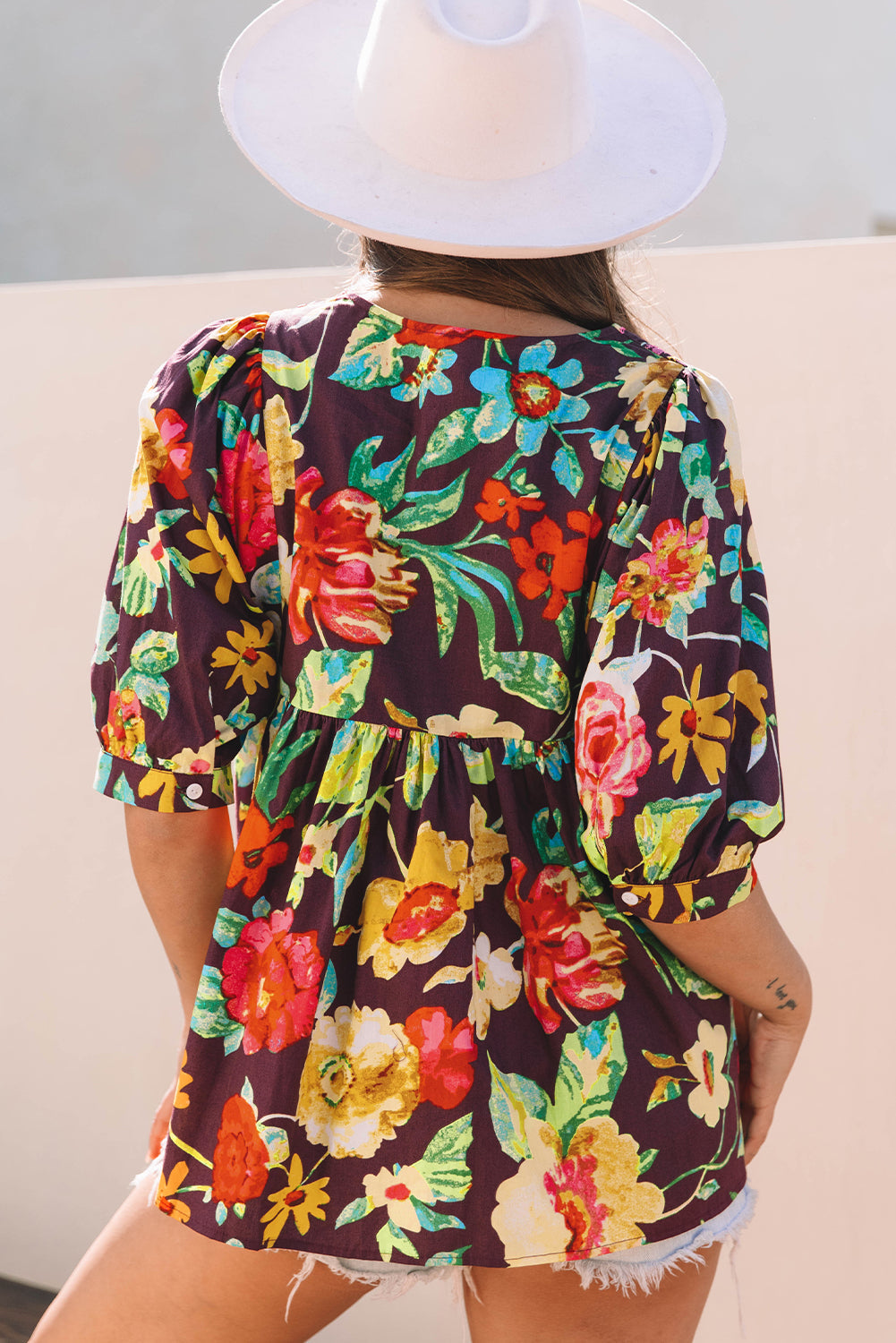 Adhara Flower Embroidered Trim Half Sleeve Blouse - Farnelli