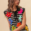 BiBi Flower Patch Striped Half Button Sweater Vest - Black/Ivory