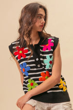 BiBi Flower Patch Striped Half Button Sweater Vest - Farnelli