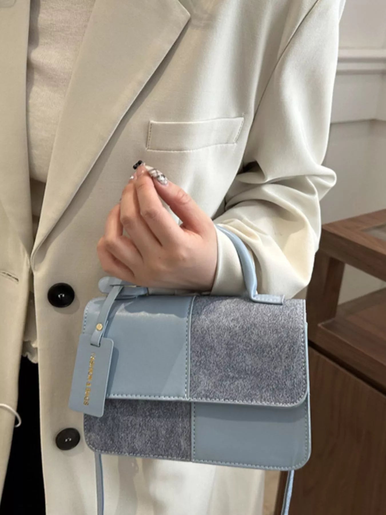 Color Block Flap Crossbody Bag with Top Handle - Farnelli