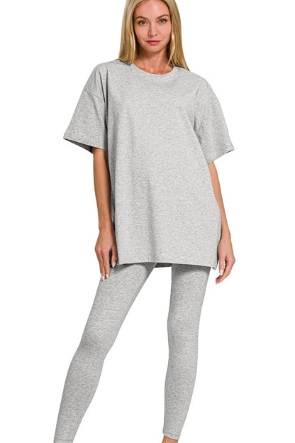 Zenana Cotton Round Neck Top & Legging Set - Farnelli
