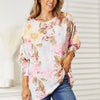 Double Take Floral Round Neck Three-Quarter Sleeve Top - Blush Pink