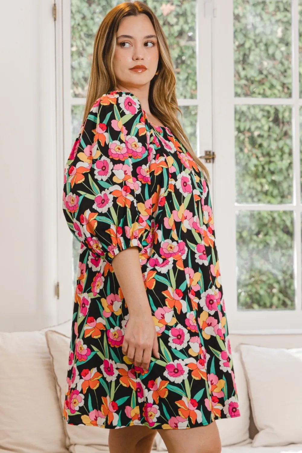 ODDI Full Size Floral Puff Sleeve Mini Dress - Farnelli