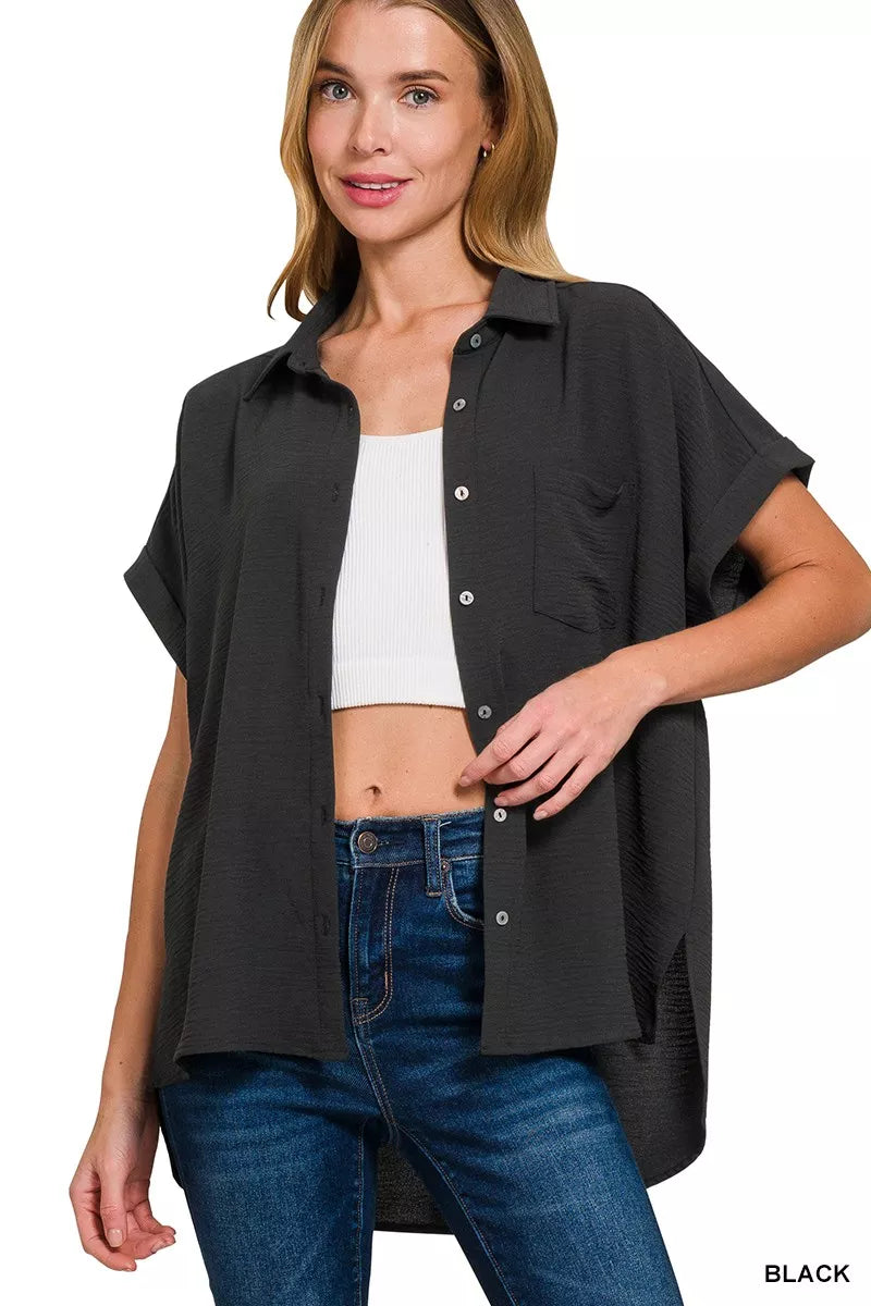 Zenana Full Size Woven Airflow Button Down Shirt Plus Size - Farnelli