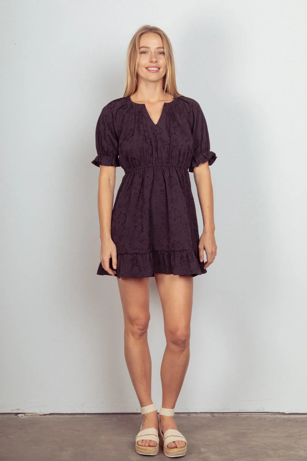 VERY J Floral Textured Woven Ruffled Mini Dress - Farnelli