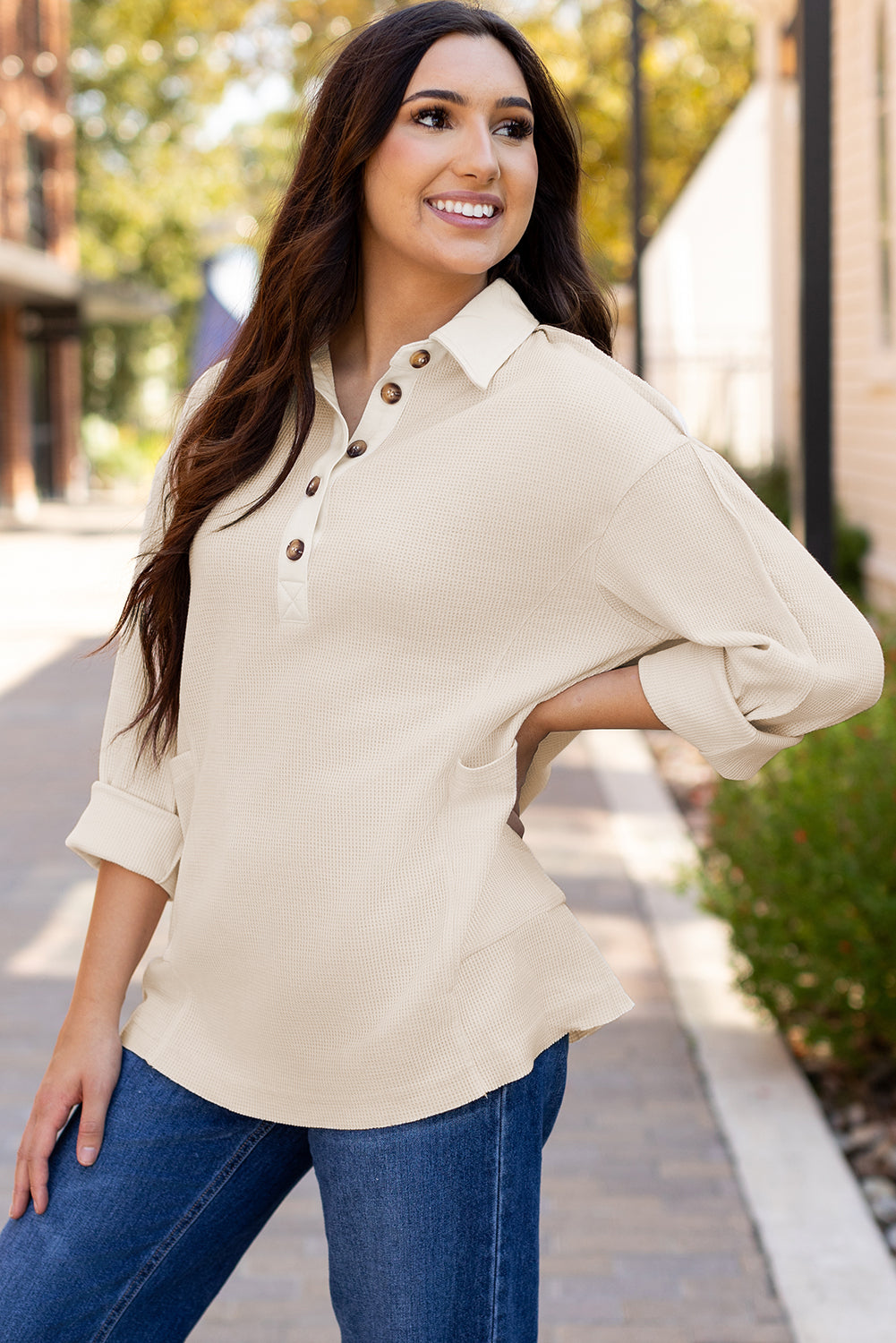 Arianna Waffle  Half Button Top. - Farnelli