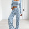 Striped Square Neck Long Sleeve Top and Pants Lounge Set - Blue