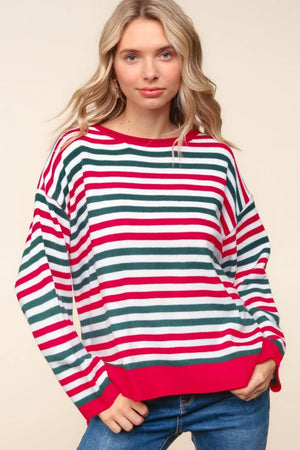 Haptics Full Size Striped Contrast Side Slit Knit Top - Farnelli