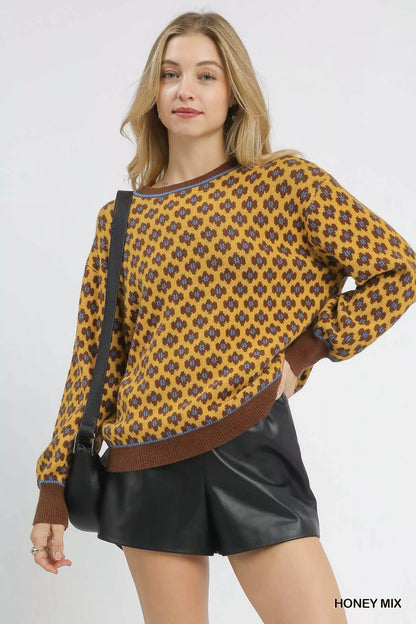 Umgee Abstract Print Crew Neck Sweater - Farnelli