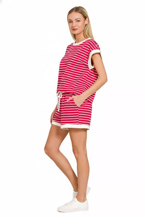 Zenana Stripe Contrast Trim Top & Shorts Set - Farnelli