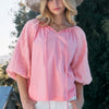 ODDI Full Size Poplin Bubble Sleeve Blouse - Pink