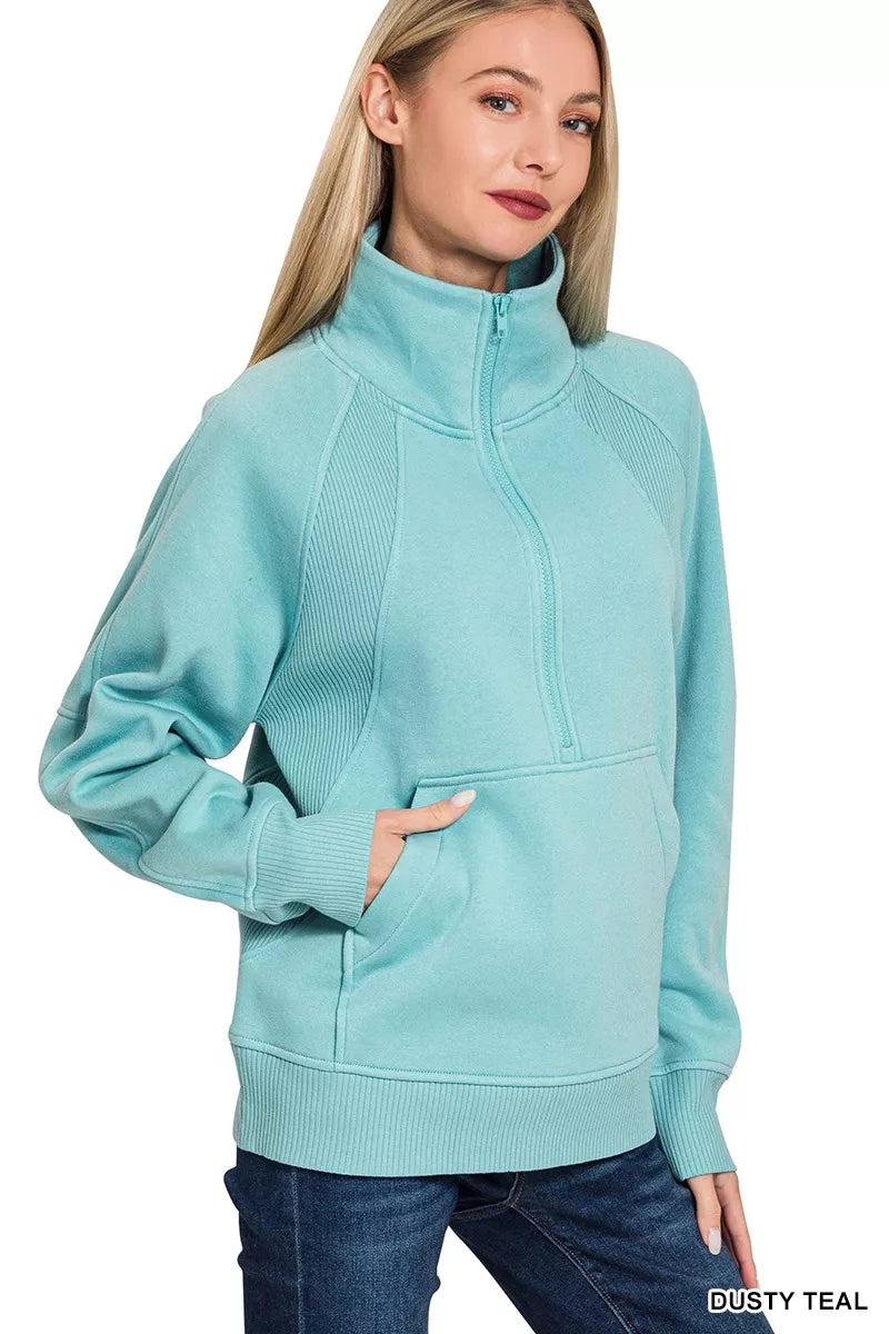Zenana Half Zip Fleece Sweatshirt with kangaroo Pocket - Farnelli