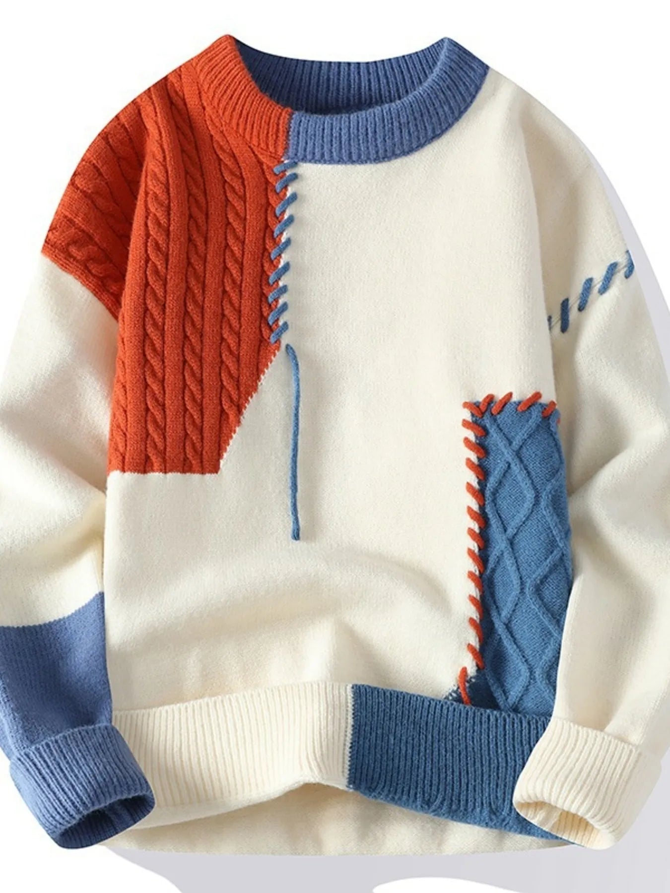 Men's Plus Size Color Block Cable Knit Sweater - Farnelli