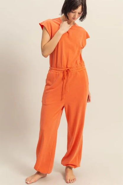 HYFVE Back Keyhole Round Neck Cap Sleeve Drawstring Jumpsuit - Farnelli