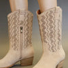 Beast Fashion Faux Suede Laser Cut Detail Block Heel Boots - Tan