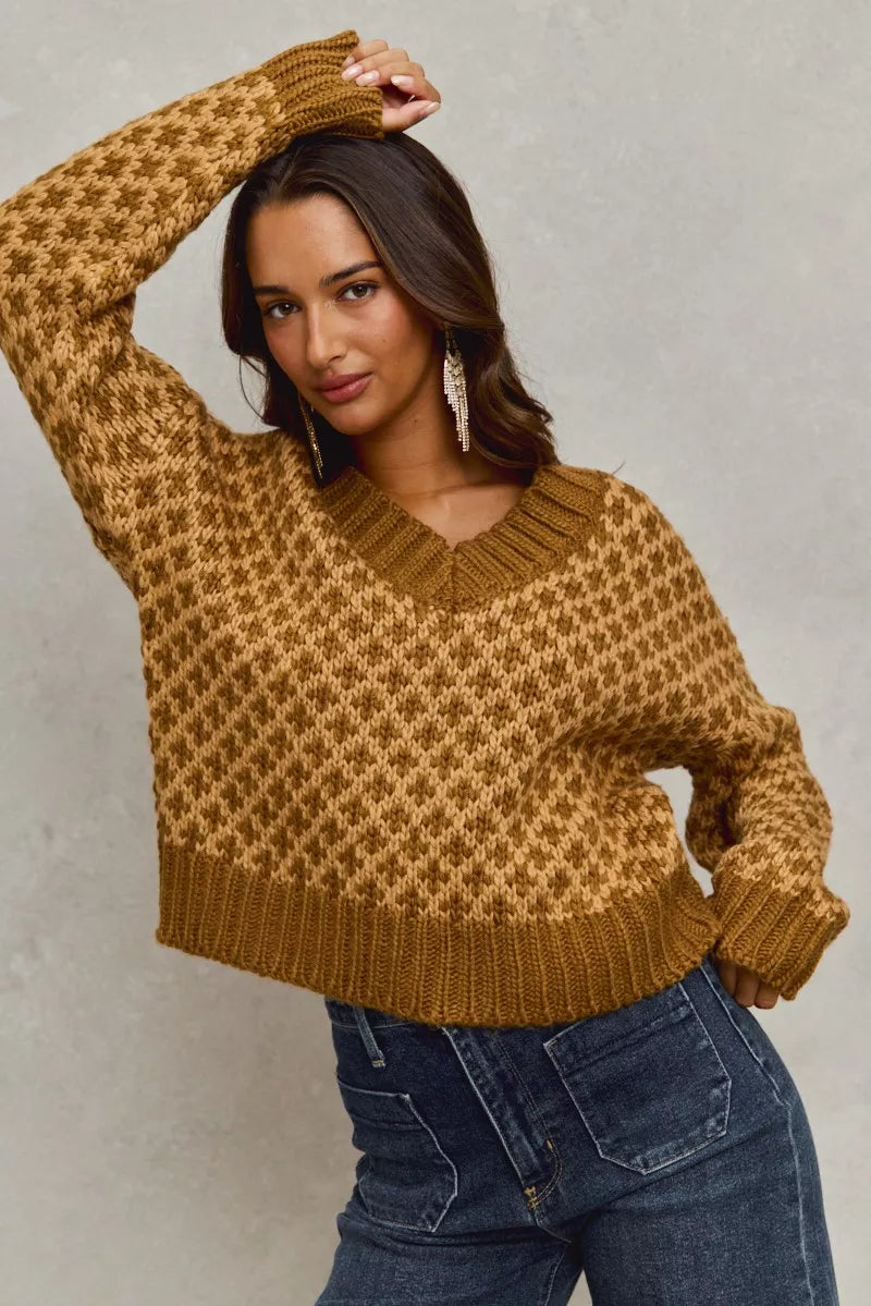 SO ME Color Block Textured Christmas Sweater V Neck Top - Farnelli