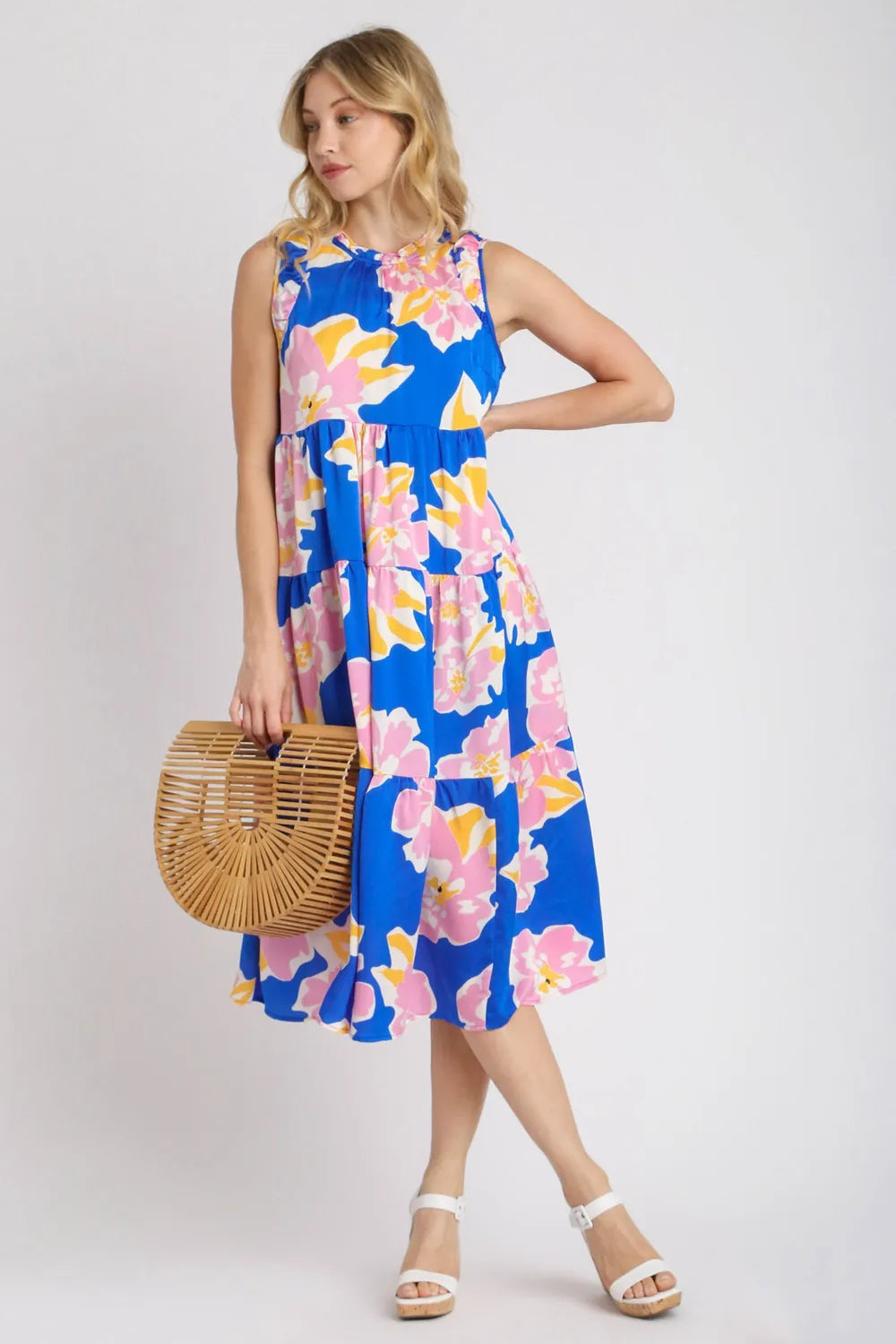Umgee Full Size Floral Tiered Midi Tank Dress Plus Size - Farnelli