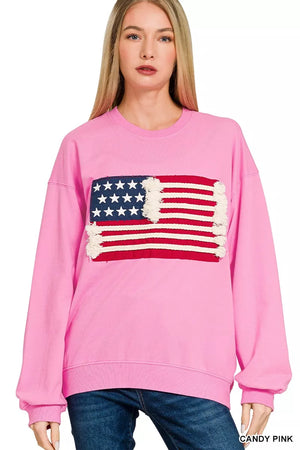Zenana French Terry American Flag Pullover - Farnelli