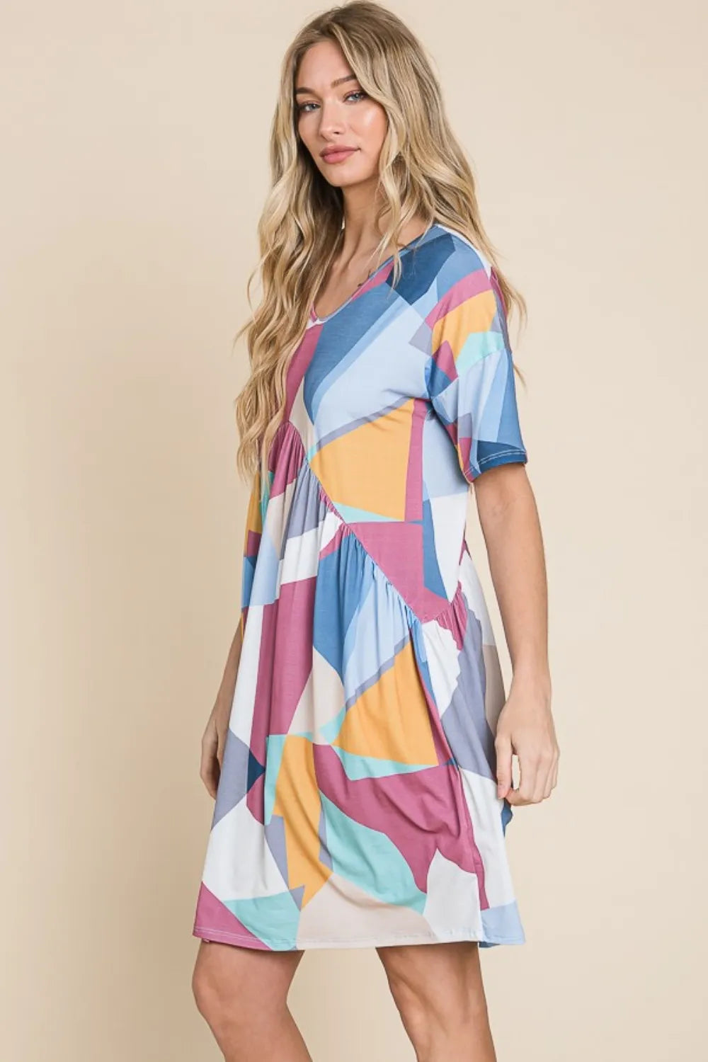 BOMBOM Ruched Color Block Short Sleeve Dress - Farnelli