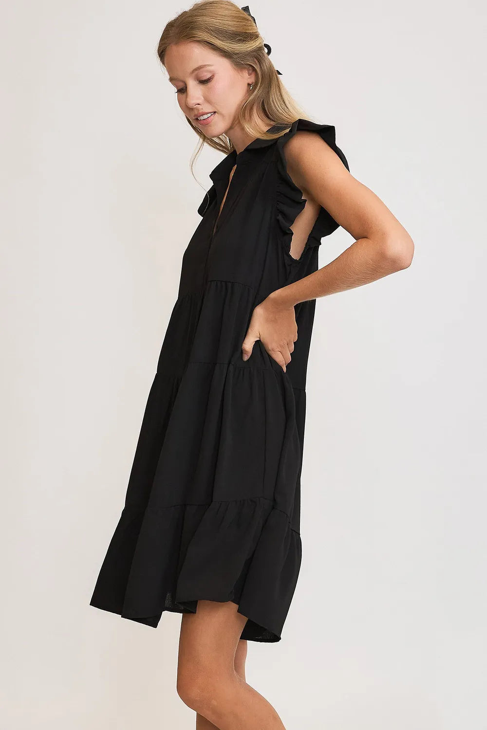 Umgee Full Size Johnny Collar Ruffle Cap Sleeve Tiered Dress Plus Size - Farnelli