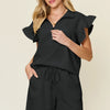 Double Take Full Size Texture Flounce Sleeve Top and Drawstring Shorts Set - Black
