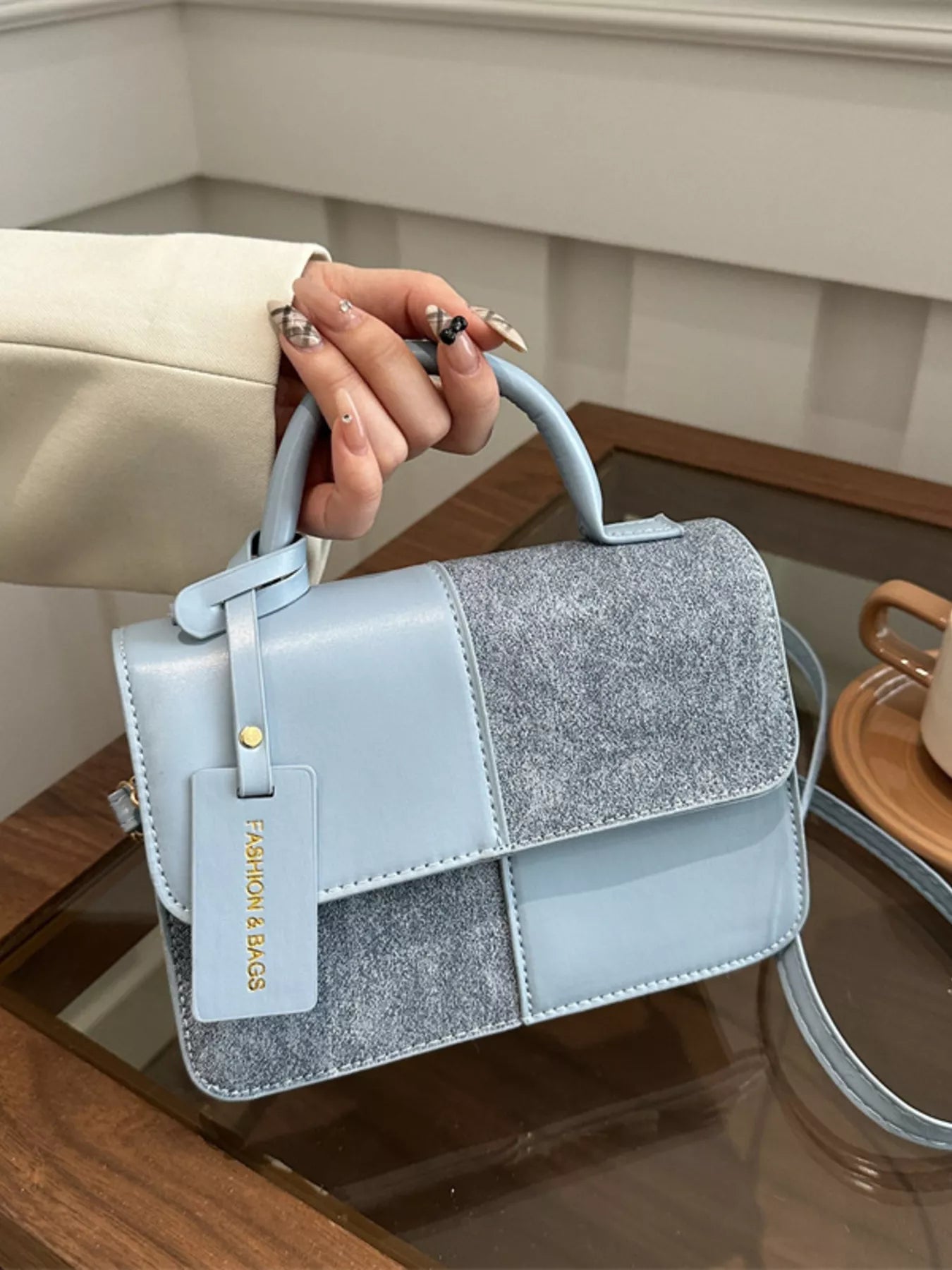 Color Block Flap Crossbody Bag with Top Handle - Farnelli