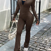 Zip Up Long Sleeve Outerwear and Pants Active Set - Brown
