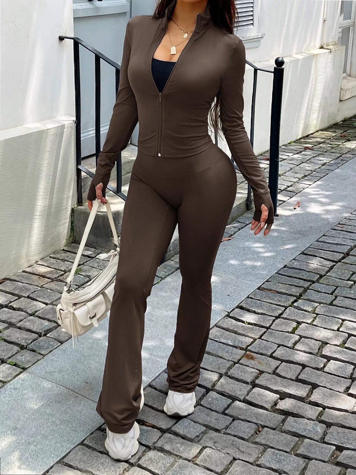 Zip Up Long Sleeve Outerwear and Pants Active Set - Farnelli