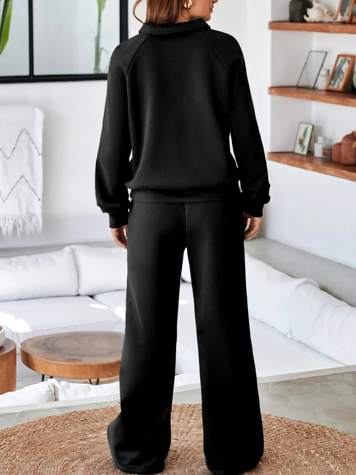 Collared Sweatshirt and High Waist Pants Active Set - Farnelli