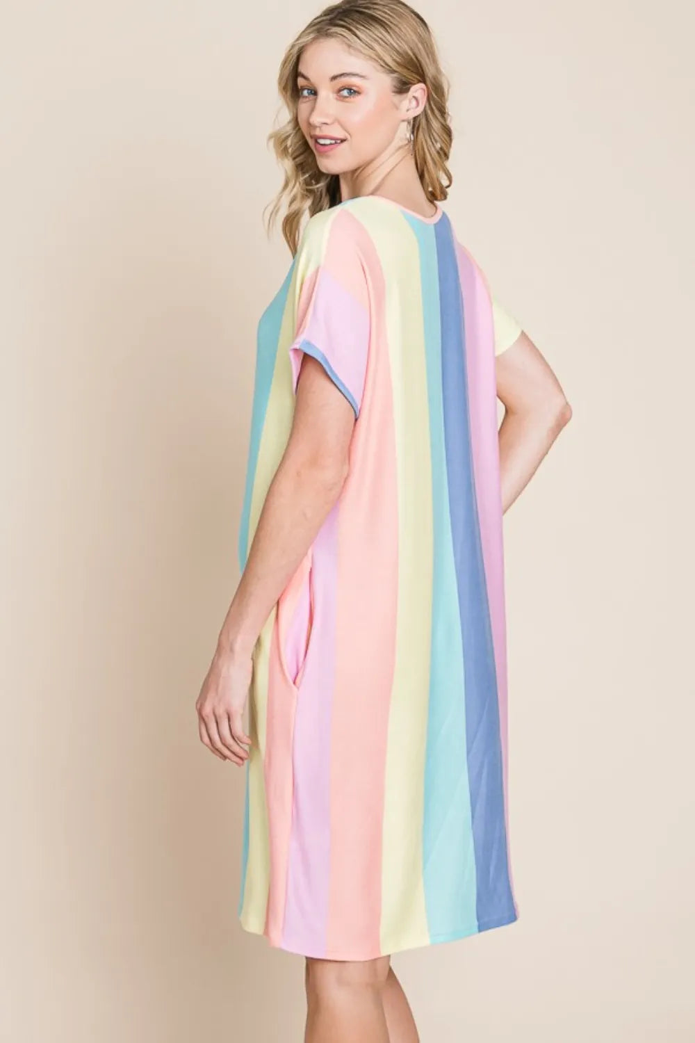 BOMBOM Striped Short Sleeve Dress with Pockets - Farnelli