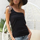 BiBi Rayon Span Knit One Shoulder Top with Leopard Ribbon - Farnelli