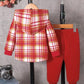 Children's Plaid Button Up Hooded Top & Pants Set - Farnelli