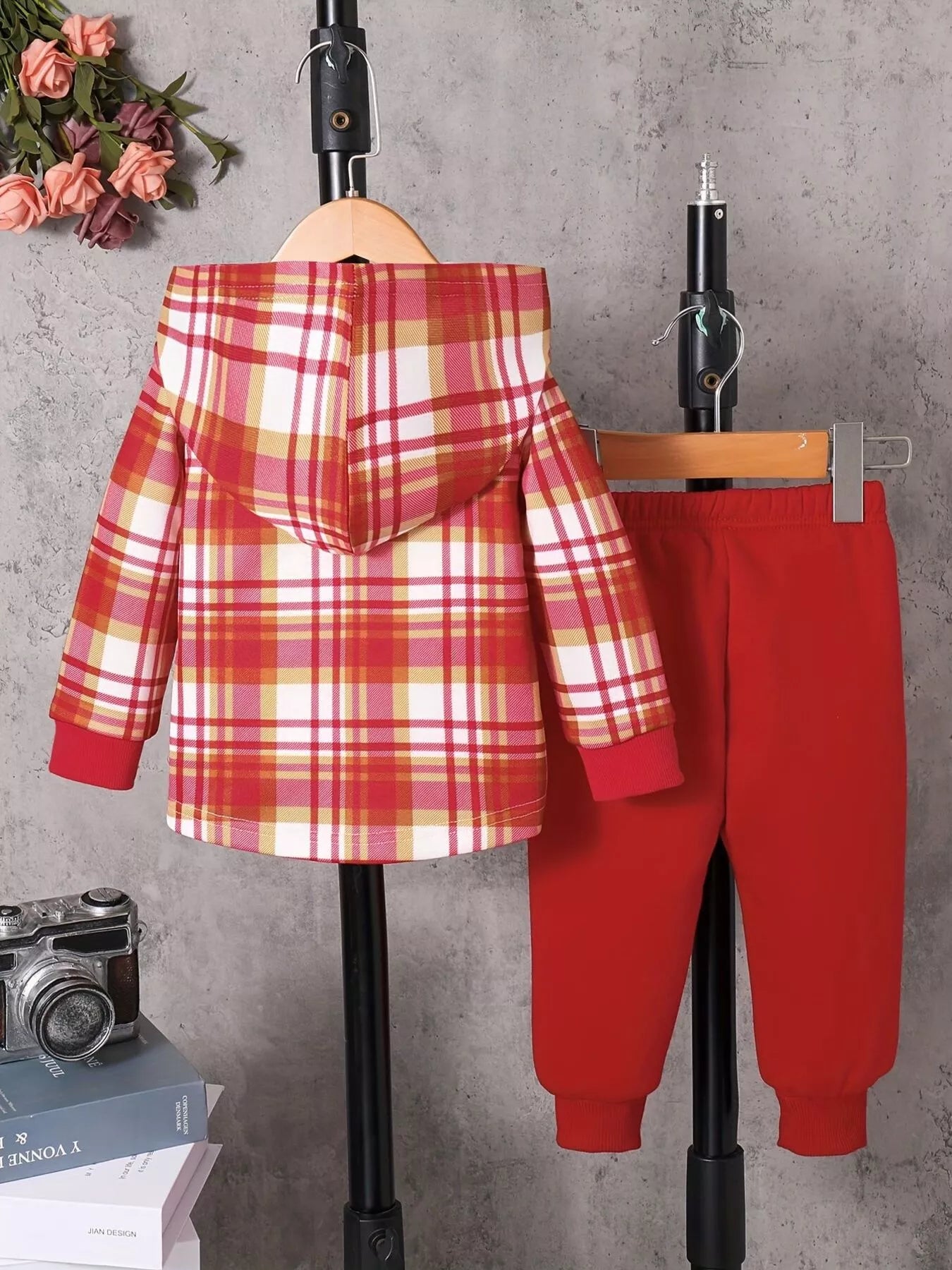 Children's Plaid Button Up Hooded Top & Pants Set - Farnelli