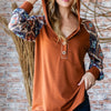 Heimish Full Size Half Button Printed Long Sleeve Hooded Top - Mocha Brown