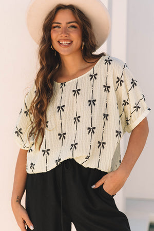 Aviana Bow Print Puff Short Sleeve Top - Farnelli