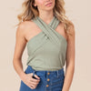 BiBi Rib Knit Cross Neck Banded Top - SAGE