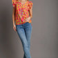 Umgee Full Size Abstract Print V-Neck Double Layer Ruffle Sleeve Blouse Plus Size - Farnelli
