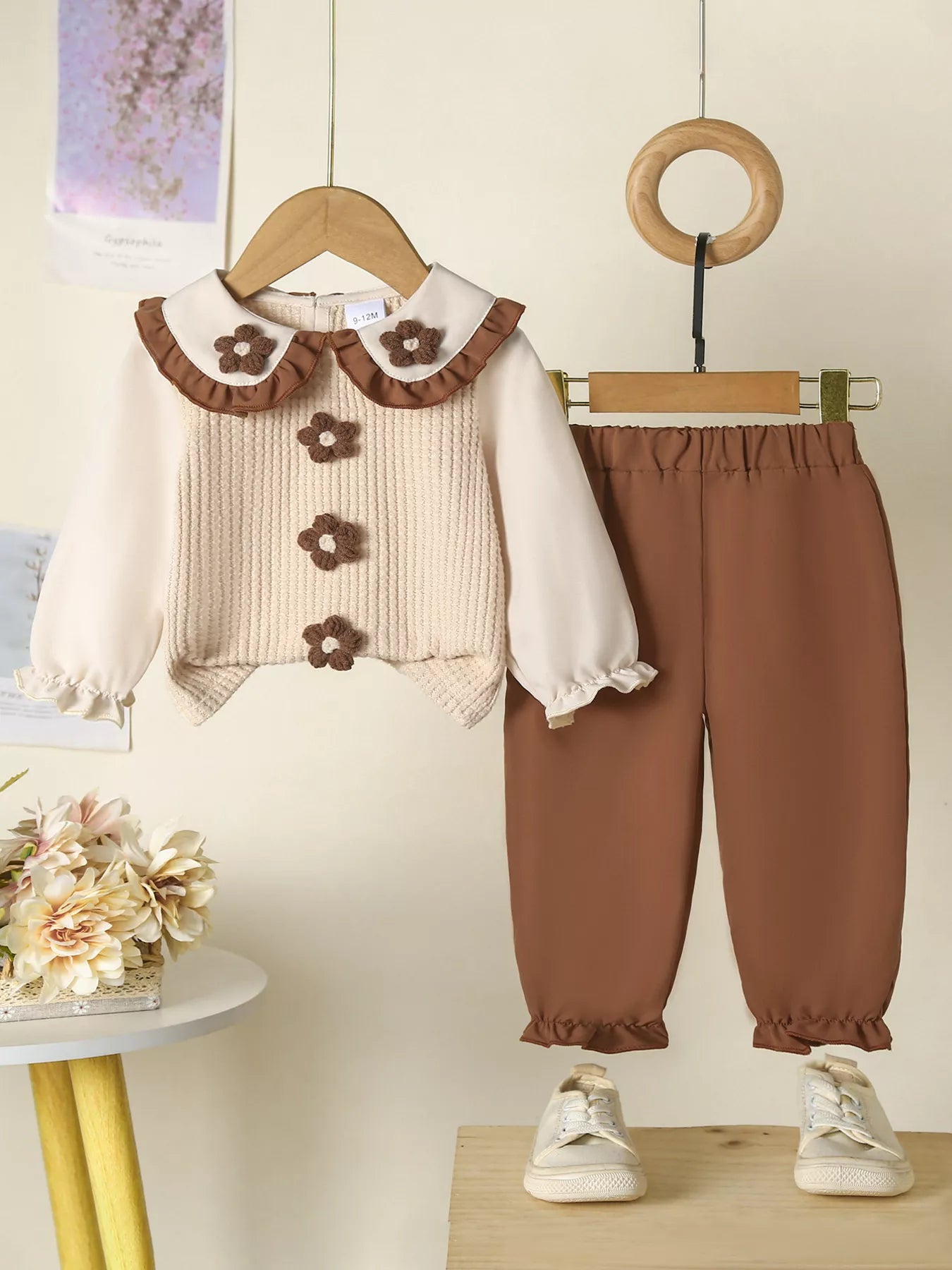 Children's Floral Applique Ruffle Trim Top and Pants Set - Farnelli