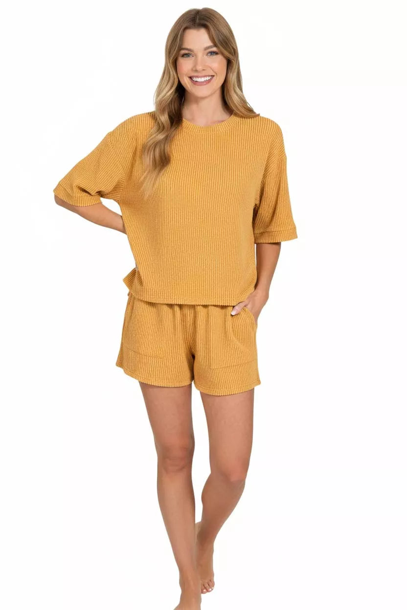 Zenana Raised Rib Short Sleeve Tee and Drawstring Shorts Set - Farnelli