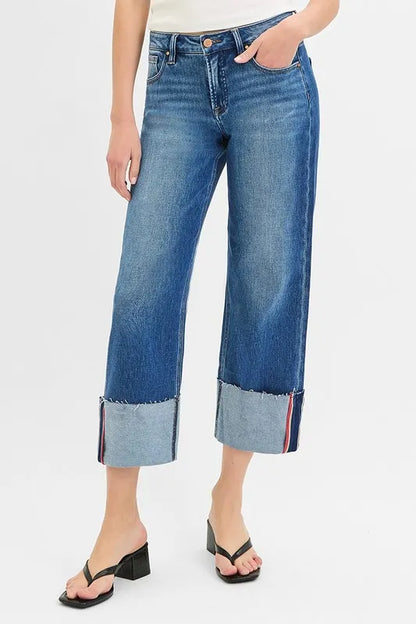 RISEN Full Size Tummy Control Mid Rise Crop Wide Cuffed Jeans Plus Size - Farnelli