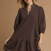 Umgee French Terry Ruffle Hem Dress with Plaid Trim - Chocolate