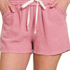 Zenana Double Gauze Elasticband Drawstring Waist Shorts - LT ROSE
