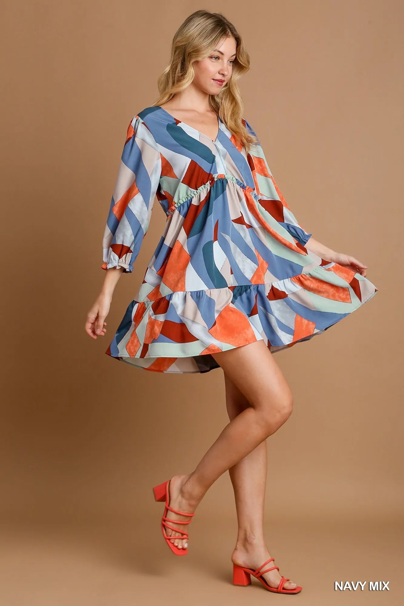 Umgee Abstract V-Neck Tiered Printed Dress - Farnelli