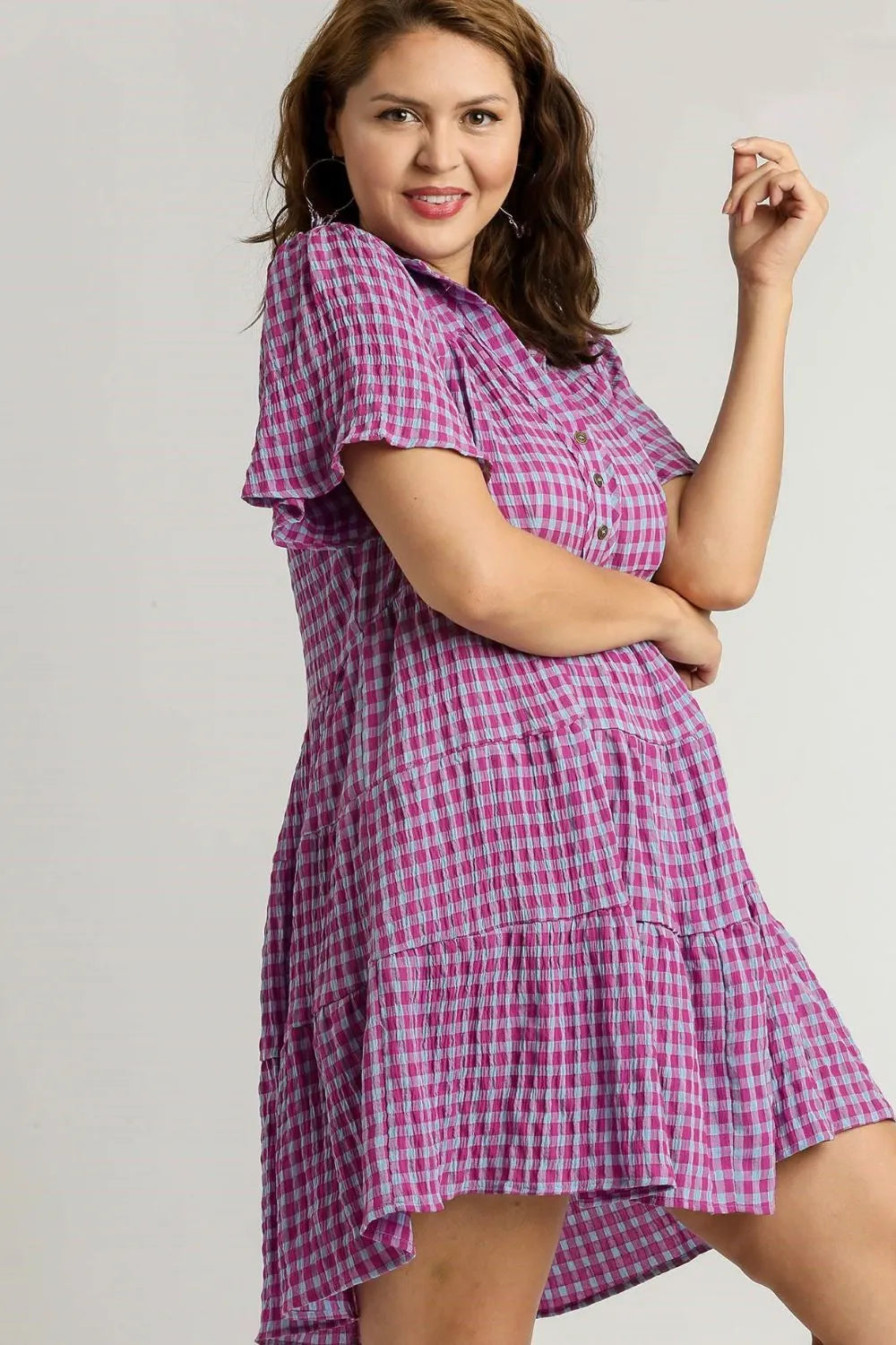 Umgee Full Size Gingham Tiered Button Detail Short Sleeve Dress Plus Size - Farnelli