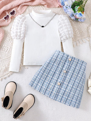 Children's Puff Sleeves Top and Plaid Skirt Set - Farnelli