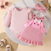 Children's Ruffled Trim Bodysuit and Dress Set with Headband - Blush Pink