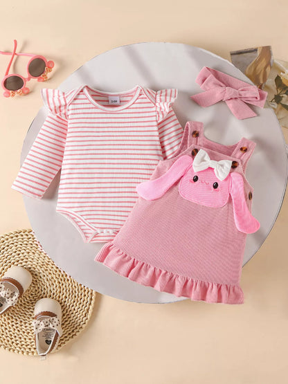 Children's Ruffled Trim Bodysuit and Dress Set with Headband - Farnelli