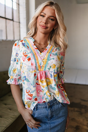 Solana Boho Flower Half Puff Sleeve Blouse - Farnelli