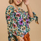 Umgee Full Size Floral V-Neck Tie Sleeve Blouse Plus Size - Farnelli
