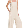 Zenana Knit Waffle Wide Leg Overalls - SAND BEIGE